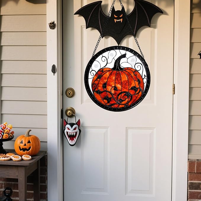 Stained Glass Window Hanging - Halloween Red White Scary Pumpkin Suncatcher for Doors Garden Home Spooky Rattan Sun Catchers Gothic Decor Horror Gifts for Women Men Friend Boy Girl 7.8 in