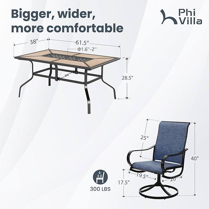 PHI VILLA 7 Piece Patio Dining Set, 6 Swivel Patio Chairs with Textilene Mesh Fabric & Rectangular Wooden-Like Dining Table(1.6" Umbrella Hole), All Weather Patio Chairs and Table Set for Deck (Blue)