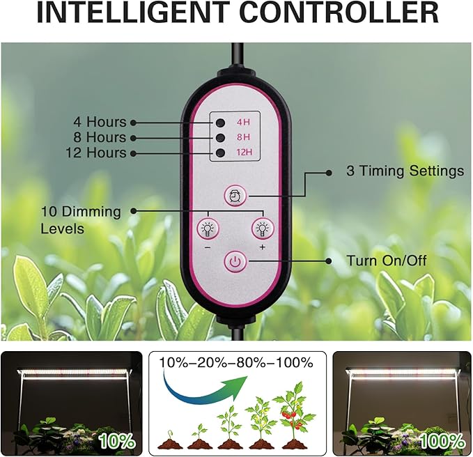 LED Grow Lights for Seed Starting with Stand, 2ft 60W Full Spectrum Seedling Lights Grow Lights for Indoor Plants, 4/8/12H Timer and 10 Dimming Levels, Height Adjustable and Energy Efficient