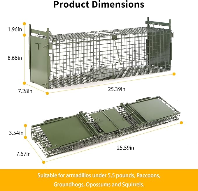 26" 2-Door Live Animal Traps for Stray Cats up to 5.5 pounds, Raccoons, Squirrel, Skunk, Mole, Groundhog, Armadillo, Rabbit, with Pedal Triggers