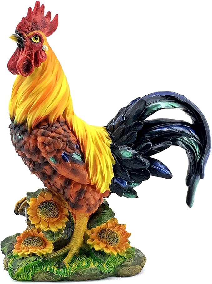 Bellaa 22977 Rooster Statue 12 inch Boho Home Decor Kitchen Gift Outdoor Sculpture Garden Patio Yard Figurine Farmhouse Animal Chicken Hen Sunflower Country Farm Barnyard Cabin Nature Lovers