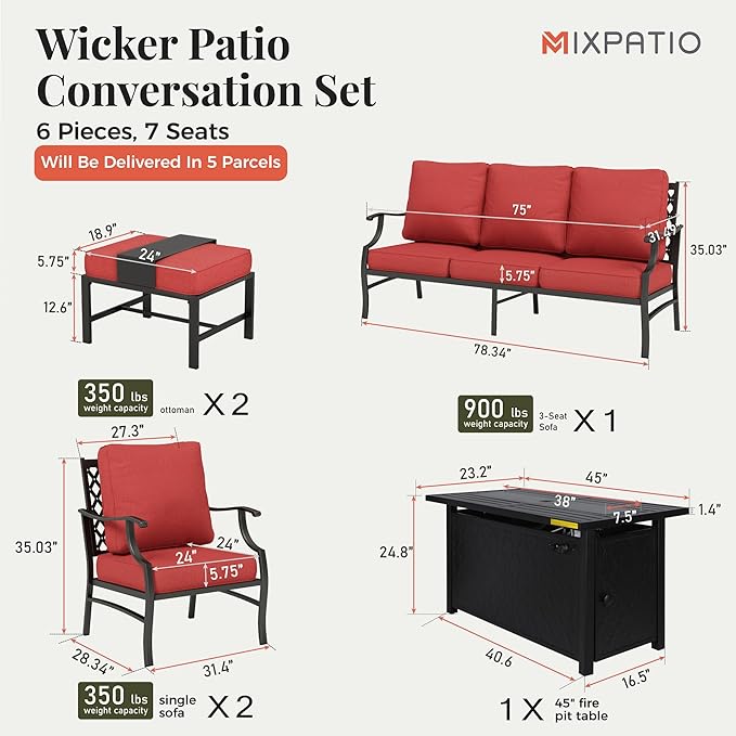 Patio Furniture Set, 6 Pcs Metal Outdoor Conversation Set, 2 Single Chairs, 2 Ottomans and 3 Seater Sofa with 5.75" Extra Thick Cushion and Gas Fire Pit Table, Red