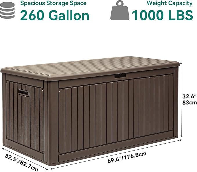 YITAHOME 260 Gallon Double-Wall Deck Box with Divider & Side Handles, Outdoor Large Storage for Patio Furniture Cushions, Garden Pool Accessories, Water Resistant & Lockable, Dark brown