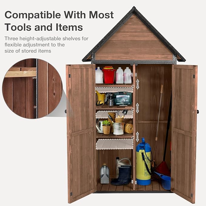 Outdoor Storage Shed with Floor and Waterproof Roof - Metal Framed Tool Cabinet with Adjustable Shelves - Double Lockable Doors for Backyard, Garden, Patio (Deep Brown)