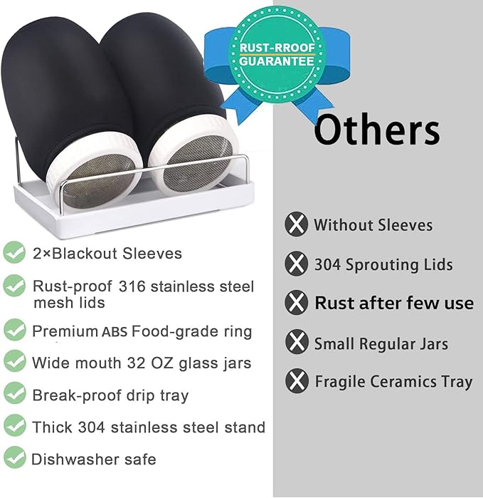 Complete Sprouting Jar Kit| 2 Wide Mouth Mason Jars, 316 Screen Sprout Lids, Blackout Sleeves, Tray, Stand| Sprouter Set for Growing Broccoli, Alfalfa and More-Seeds not Included