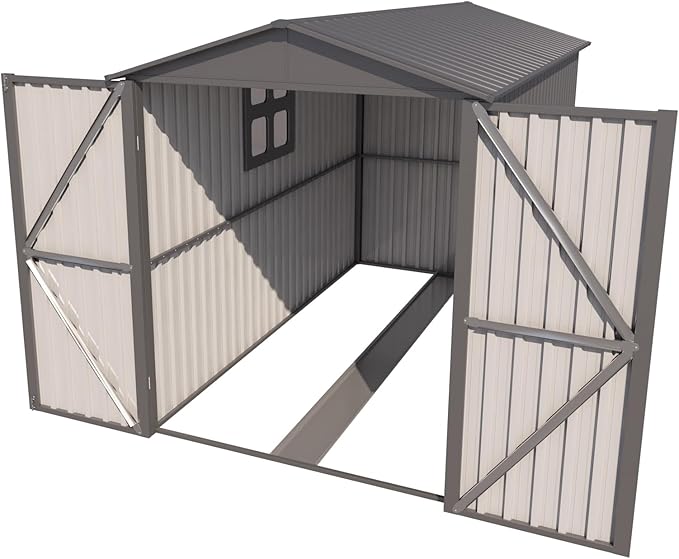 Motorcycle Steel Storage Shed with Window & Tracks,Outdoor Weather-Resistant Storage Box for Bikes, Tools, Sports Equipment,Easy Assembly, 121" W Gray