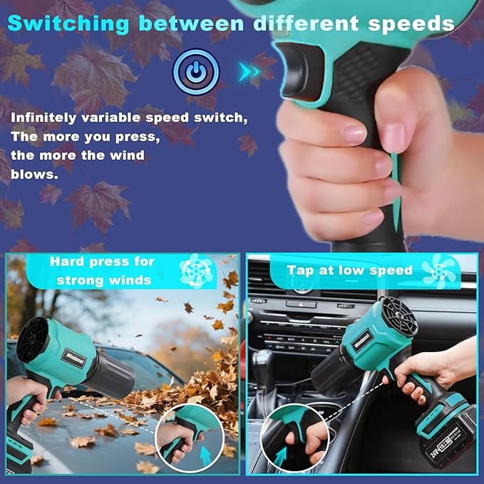 Small Cordless Leaf Blower,Leaf Blower Cordless 300,000RPM Turbo Jet Blower, with 1 X 24VX 4.0Ah Battery and Charger,for Patio Cleaning, Lawn Care, Car Cleaning and Dust Etc,2 Blowing Nozzles-Blue