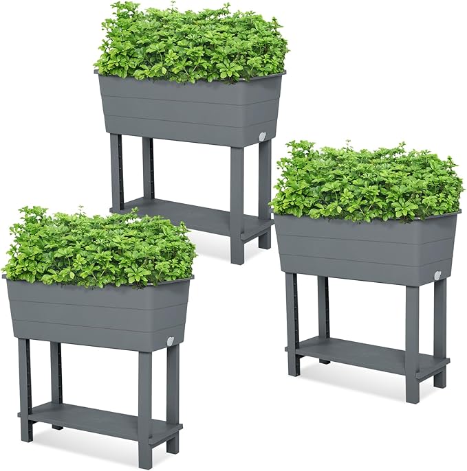 Aoodor 30'' × 14'' × 29'' Elevated Raised Planter Box with Legs, Storage Space, Plastic Drainage Plug & Water Level Indicator for Vegetables Flowers Herbs Outdoor, Gray, Set of 3