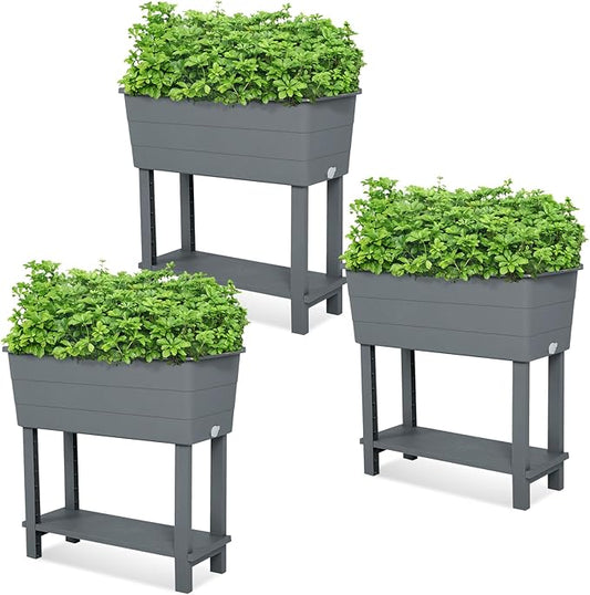 Aoodor 30'' × 14'' × 29'' Elevated Raised Planter Box with Legs, Storage Space, Plastic Drainage Plug & Water Level Indicator for Vegetables Flowers Herbs Outdoor, Gray, Set of 3