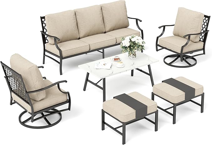 Patio Furniture Set, Modern Metal Outdoor Patio Furniture, 3 Seater Sofa, 2 Swivel Chairs, 2 Ottomans, Coffee Table and 5.75" Extra Thick Cushion, Patio Conversation Set for Backyard