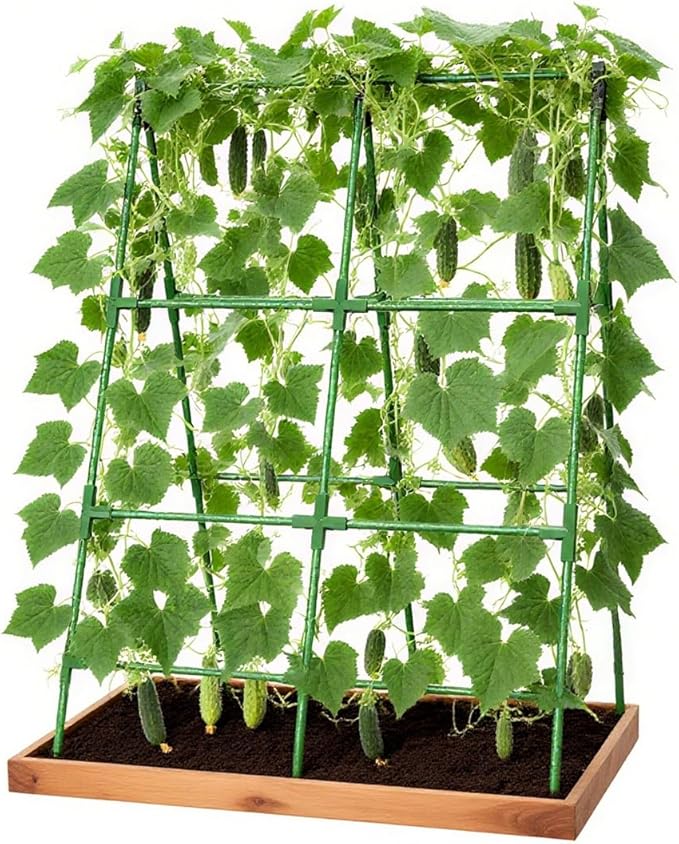 Cucumber Trellis for Raised Bed A Frame Garden Trellis for Climbing Plants Outdoor Bean Snap Peas Pumpkin Stand Support Tomato Cages Clip Bed Plasticized Metal Non-Rusting 32 inchs Wide