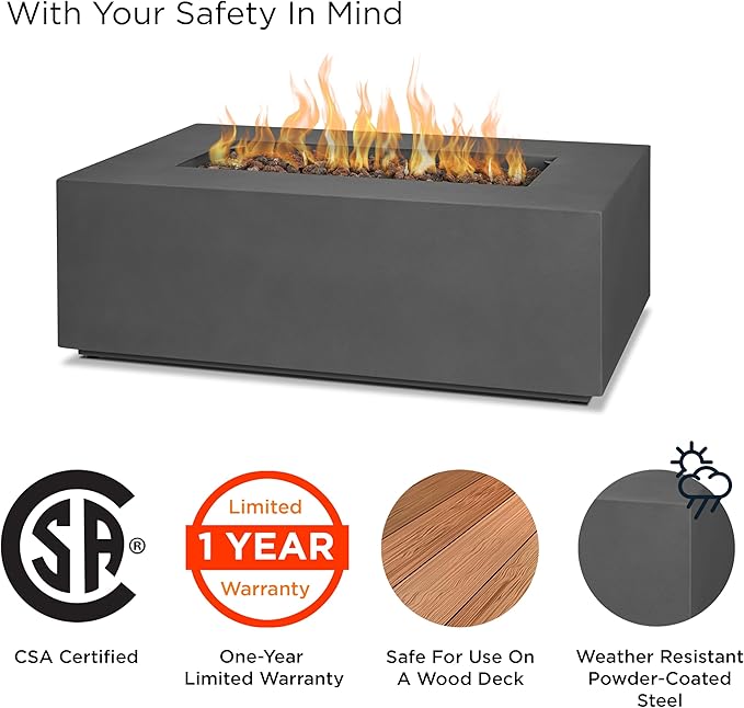 Real Flame Aegean 42in Rectangle Propane or Natural Gas Fire Pit Table, 50,000 BTU, Powder-Coated Steel, Push-Button Ignition, CSA Certified, Lava Rock, Storage Cover, Stainless Steel Burner with Lid