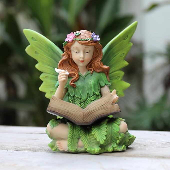 Fairy Garden Statues Outdoor Decor, Solar Fairy Lights Outdoor Lawn Ornaments Resin Sculptures Fairies Garden Decor for Outside Yard Art Patio Porch, Gifts for Women Mom