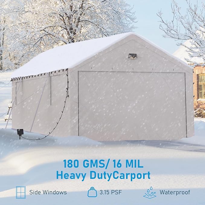 13x25 Carport Canopy, Heavy Duty Car Port, Portable Car Ports Garage with 2 Roll-Up Zipper Drive Through Doors, White
