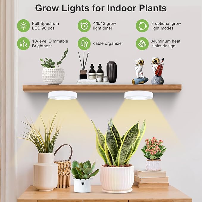 Grow Light for Indoor Plants, 96 LEDs Full Spectrum Halo Plant Light with Auto On/Off Timer (4/8/12H), 10-Level Dimmable, 3 Lighting Modes for Small Plants, Succulents (White, Dual Head)