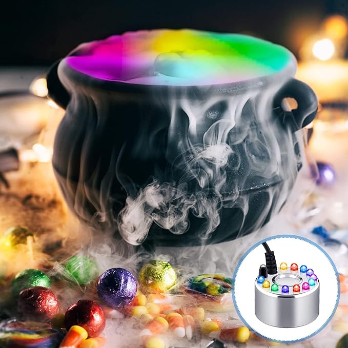 Yaomiao 1 Piece Halloween Mist Maker Fogger Small Ultrasonic Fog Machine Fountain Mister Fogger Water Garden Pond Foggers Air Humidifier with 12 LED Light Flashes for Halloween (Silver)