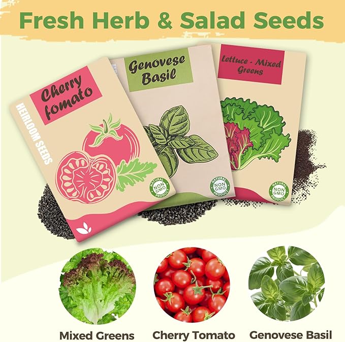 Herb & Salad Seed Pods Kit - Hydroponic Refill Pod for All Indoor Garden, 8 Grow Pods with Seeds of Genovese Basil, Cherry Tomato and Mixed Greens, Compatible with All Hydroponics Growing Systems