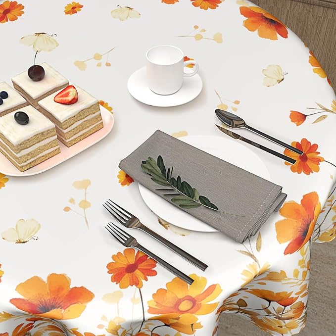 Giwawa Fall Floral Round Tablecloth 60 Inch,Watercolor Orange Wildflowers Autumn Reusable Washable Polyester Table Cover Seasonal Indoor Outdoor Dining Decorations for Home Party Picnic