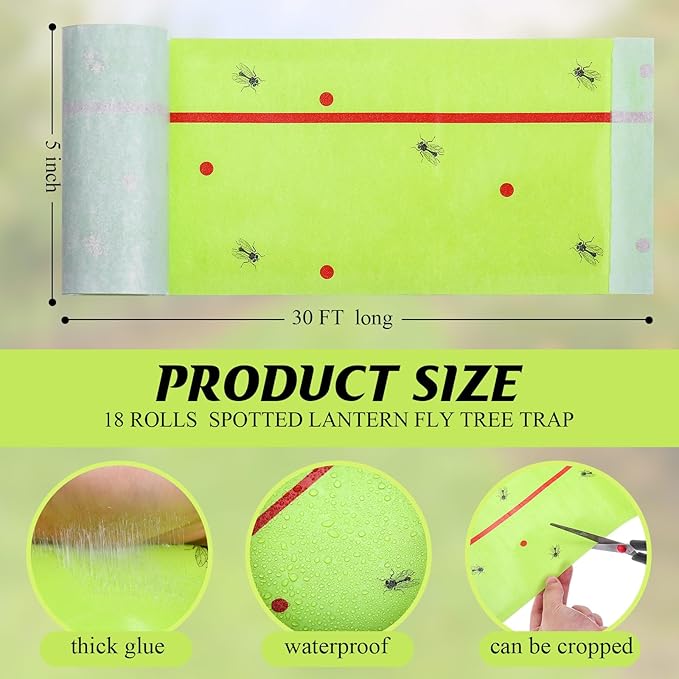 Qualirey 18 Rolls 540 ft Total Spotted Lantern Fly Tree Trap Insect Barrier Outdoor Adhesive Crawling Insect Trap Disposable Fly Paper Glue Traps to Protect Trees, Fruit and Plants for Lawn Garden