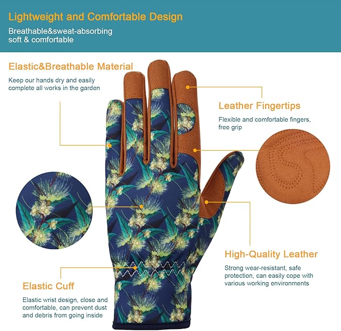 Bamllum Leather Gardening Gloves for Women - Working Gloves for Weeding, Digging, Planting, Raking and Pruning