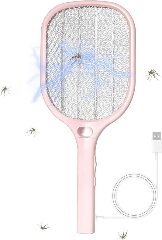 Electric Fly Swatter Racket 3000V Bug Zappers, Mosquito Zappers USB Rechargeable, 1200mAh Mosquitoes Killer Lamp & Fly Zappers with 3 Layer Safety Mesh for Home, Bedroom, Kitchen, Patio (1Pack-Pink)