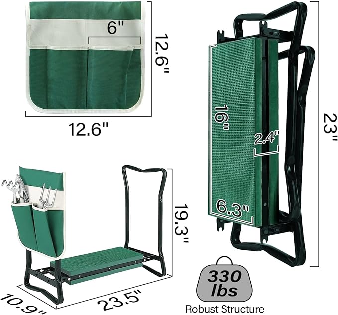 BDL Garden Kneeler Seat with Upgraded Thicken Kneeling Pad and 1 Large Tool Pouch, Foldable Stool 330lb Capacity-Protects Your Knees, Clothes from Dirt & Grass Stains