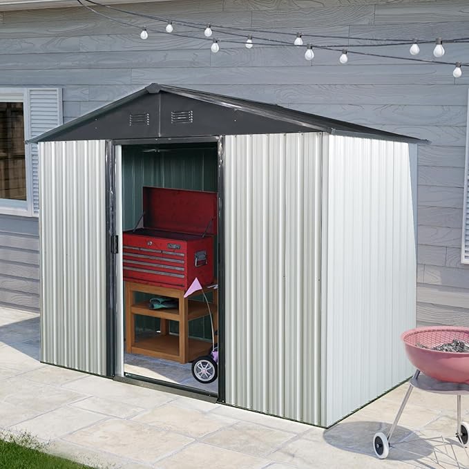 4x8 FT Outdoor Storage Shed, Metal Garden Shed with Frame Floor, Outside Tool Shed with Lockable Sliding Doors, Waterproof Storage Building with Sloped Roof for Backyard, Patio, Lawn, White+Black