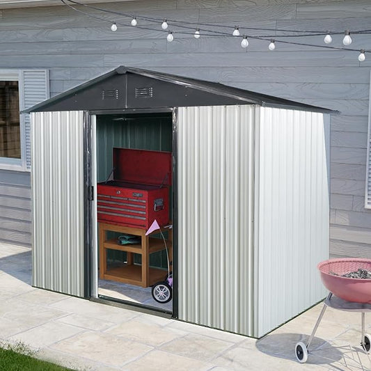 4x8 FT Outdoor Storage Shed, Metal Garden Shed with Frame Floor, Outside Tool Shed with Lockable Sliding Doors, Waterproof Storage Building with Sloped Roof for Backyard, Patio, Lawn, White+Black