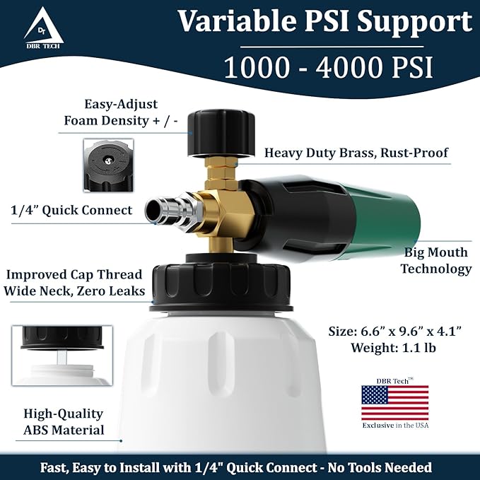 Foam Cannon for Pressure Washer, 1.1mm Orifice, 1000-4000 PSI, 1/4 Inch Quick Connector, Wide Neck and Adjustable Spray, Heavy Duty Car Snow Foam Blaster for Superior Foaming & Deep Clean, Green