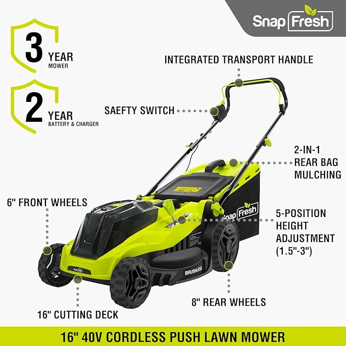 SnapFresh Electric Lawn Mower - 40V 16” Cordless Lawn Mower with 4.0Ah Battery x 2 and Fast Charger Included - Battery Operated Push Lawn Mowers with Bagger, Brushless Motor