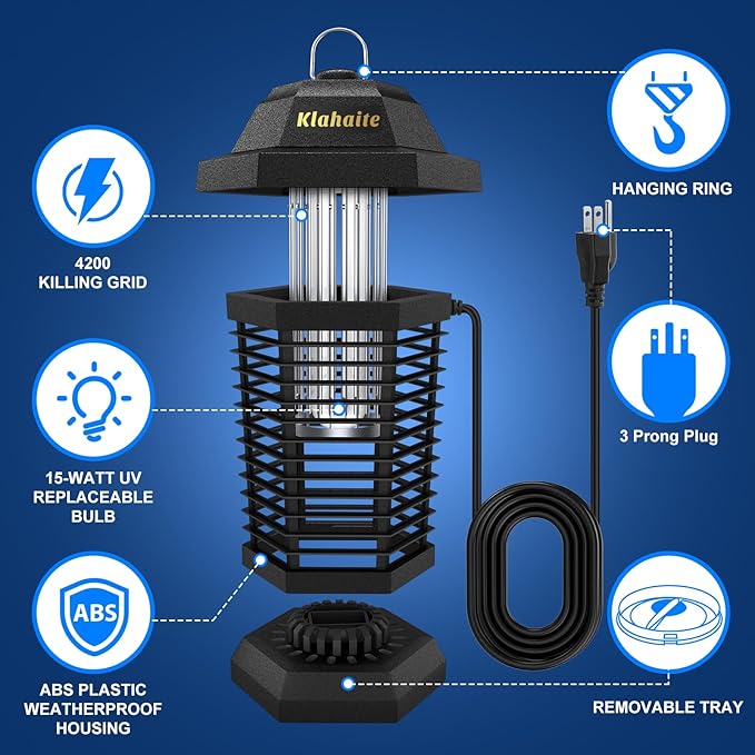 Klahaite Bug Zapper Outdoor, Electric Mosquito Zapper, Fly Zapper Indoor Fly Traps, Mosquito Repellent Outdoor Patio and Backyard Covers 1/2 Acre, 3 Prong Plug, 4200V, ABS Fireproof Plastic Outer