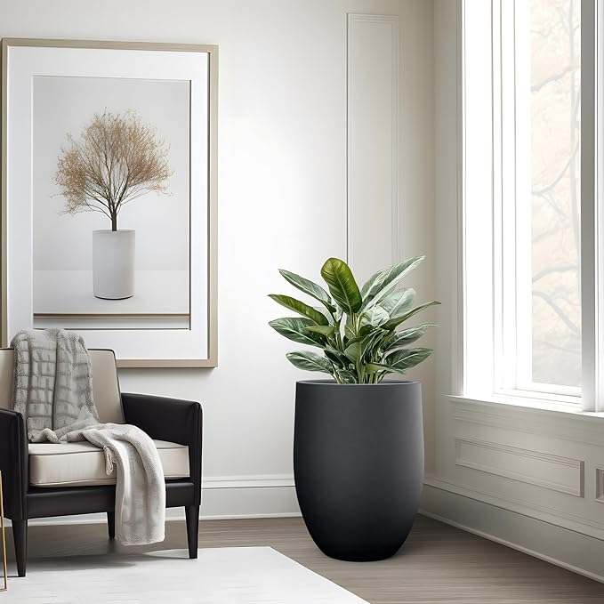 Kante Tall Concrete Planter, 21.7-Inch Height Black Large Indoor Outdoor Plant Pot with Drainage Hole for Patio Garden Home, Modern Decor for Flowers and Tree