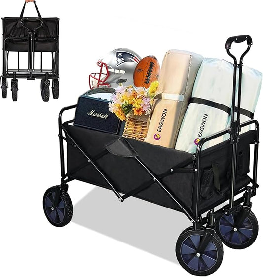 Collapsible Wagon Cart, Heavy Duty Folding Wagon with Telescopic Handle, Double Cloth Pockets, Portable Utility Garden Cart with All-Terrain Wheels for Shopping, Sports, Camping, Black