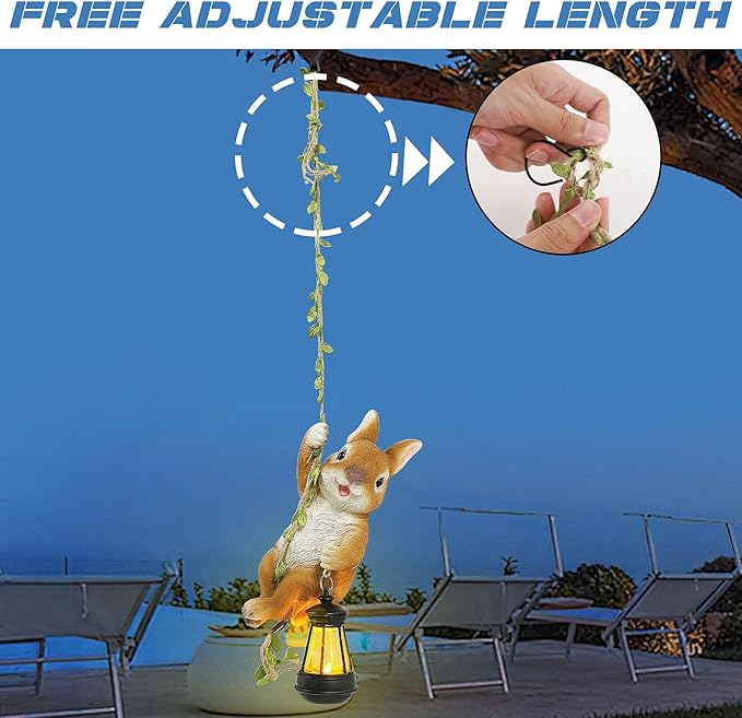 Joliyoou Solar Light Outdoor Statues, 6.9" H Resin Rabbit Climbing On A 23.6" L Vine with LED Lantern, Waterproof Hanging Bunny Figurine with Hook for Easter Yard Garden Wall Balcony Tree Decoration