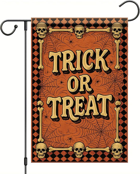 Halloween Garden Flag Trick or Treat Skulls Spider Webs Flag 12x18 Inch Double Sided Outdoor Yard Banner for Halloween Haunted House Spooky Trick or Treat Decoration Decor
