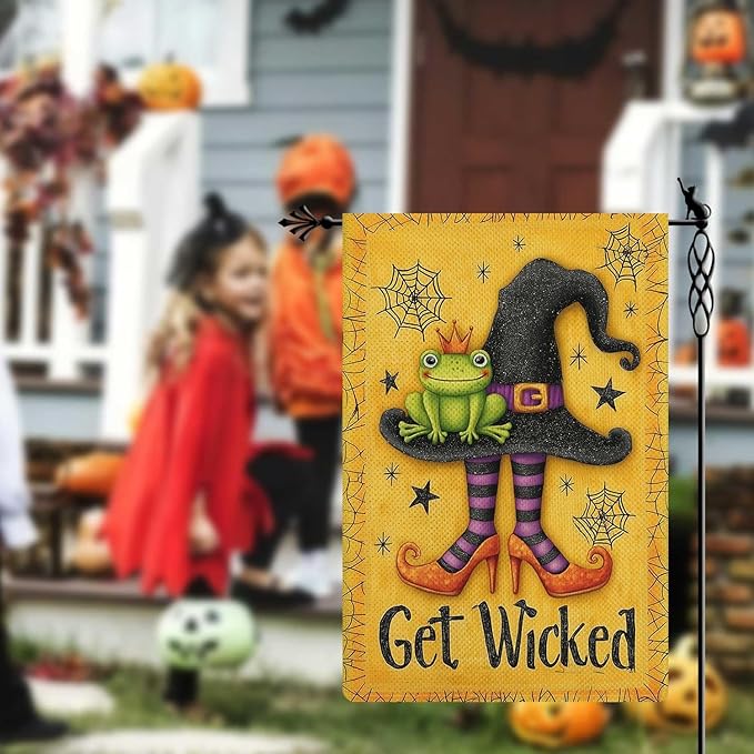 Get Wicked Garden Flag Witch Hat Holiday Garden Flag The Frog Prince Vertical Double Sided Rustic Farmland Burlap Yard Lawn Outdoor Decor 12.5x18"
