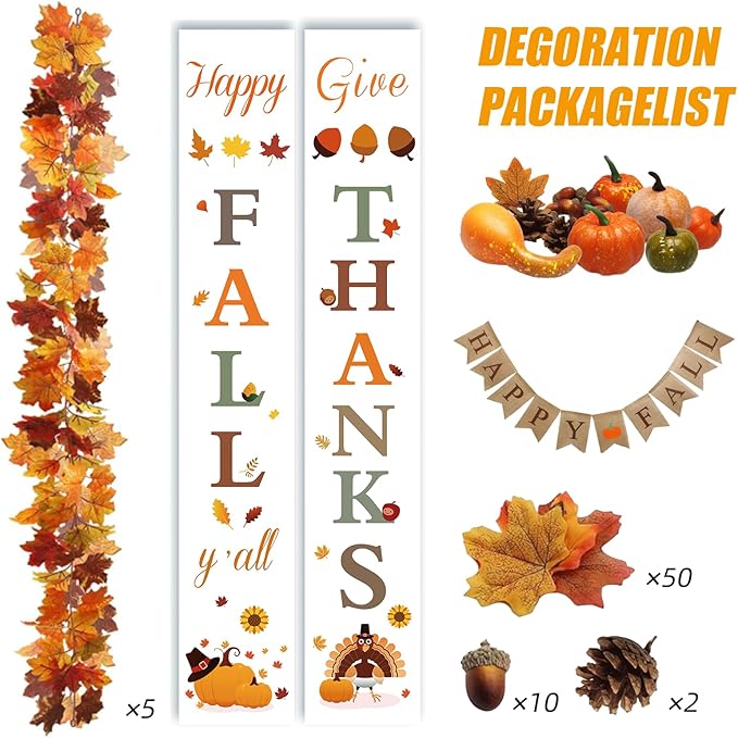 Fall Decor Set 5 Pack 5.9Ft Artificial Fall Maple Leaves Garland - 70pcs with Mini Pumpkins kit, Happy Fall Porch Banner Welcome Signs Autumn Decor for Thanksgiving Home & Fall Decorations