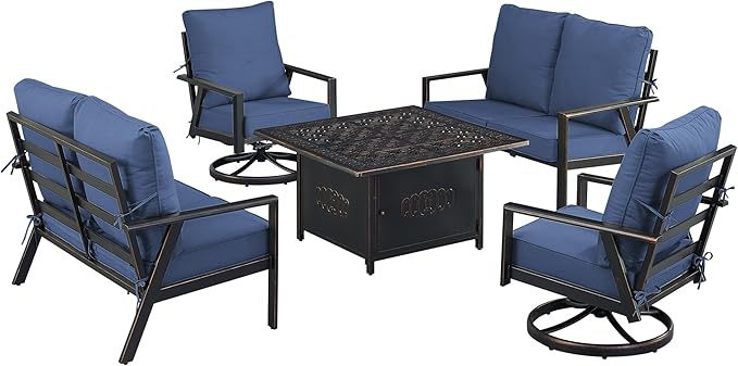 Oakland Living Black Aluminum Patio Fire Table Set with Two Deep Seating Loveseat with Cushions and Two Club Chairs with Blue Cushions