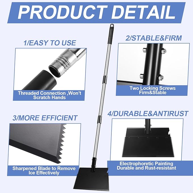 Ice Scraper, 62 Inch Flat Shovel with Adjustable Handle, Snow Shovel, Floor Scraper, Garden Cleaning Scraper, Ice Chopper, Multifunctional Weed Remover Tool for Walkway Driveway