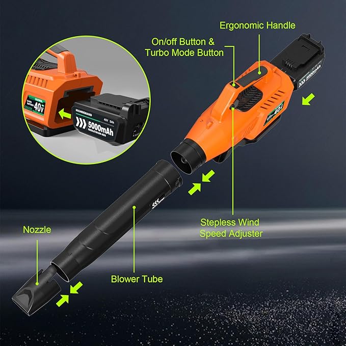 Leaf Blower Cordless with Battery - 40V Powerful Electric Leaf Blower, 600CFM &180MPH and Variable-Speed with 5.0Ah Battery and Charger for Lawn Care, Patio, Dust, Blowing Leaves (Orange)