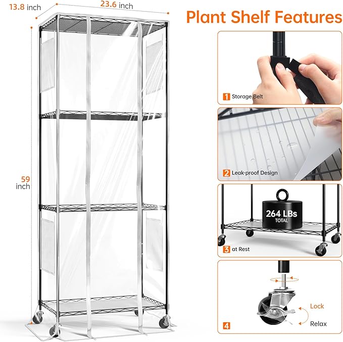 Indoor Greenhouse with Grow Light, Metal Plant Stand, 3 Pack T8 2FT Full Spectrum Plant Lights, Timer, Black, 23.5"x13.8"x59"