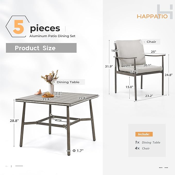 HAPPATIO 5-Piece Outdoor Dining Set for 4, Aluminum Patio Dining Set Includes 1 Large Square Table with Umbrella Hole and 4 Dining Chairs, Patio Furniture Set for Lawn, Porch, or Backyard (Grey)
