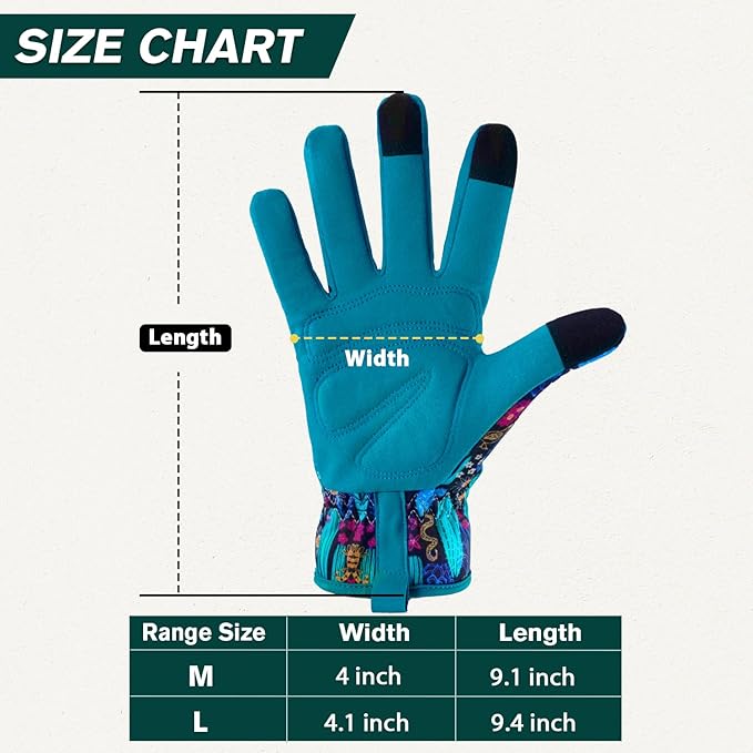 Gardening Gloves for Women, Printed Touchscreen Garden Gloves with Grip, Thorn-Proof Puncture-Resistant Work Gloves