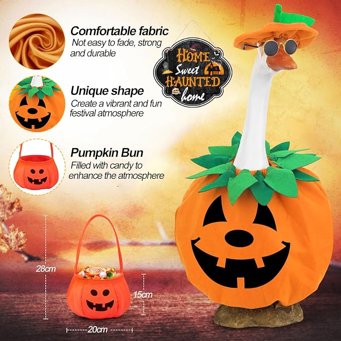 5 Pcs Halloween Porch Goose Outfits Pumpkin with Accessories Yard Garden Lawn Goose Clothes for Plastic Cement Goose Statue 23"Fall Pumpkin Porch Goose Costume set for Patio Outdoor Decoration