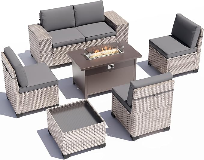 7 Pieces Patio Furniture Set with Propane Fire Pit Table, Outdoor Sectional Wicker Sofa with Cushions and Coffee Table, High Back Rattan Patio Conversation Sets, Grey