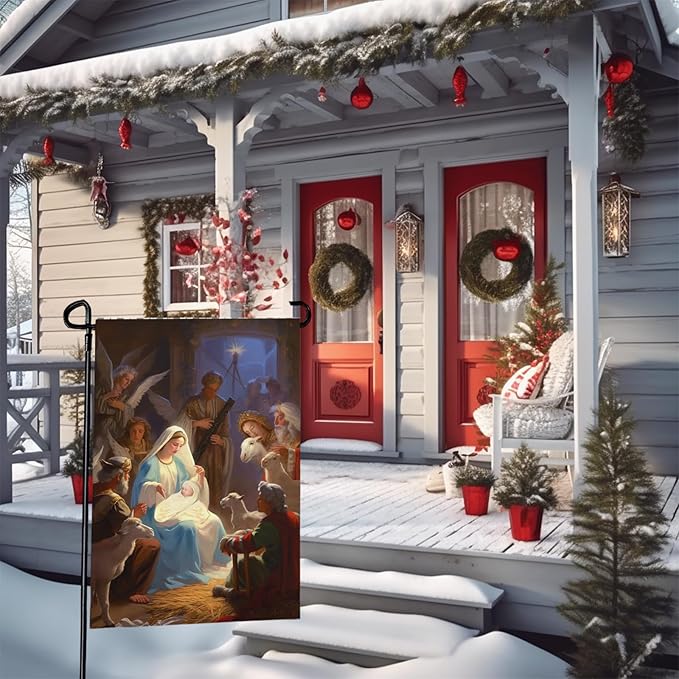 Nativity Garden Flags Religious Christmas Yard Flag Winter Catholic Jesus Garden Flag for Holy Night Outside Double Sided Home Yard Farm Xmas Decor Outdoor 12 x 18 In