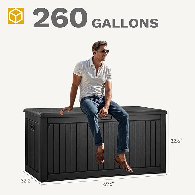 DWVO 260 Gallon Resin Outdoor Storage Box, XXL Double-Wall Waterproof Deck Box with Divider, Doubles as Table or Seating with 1000 lbs Capacity, Lockable (Black)