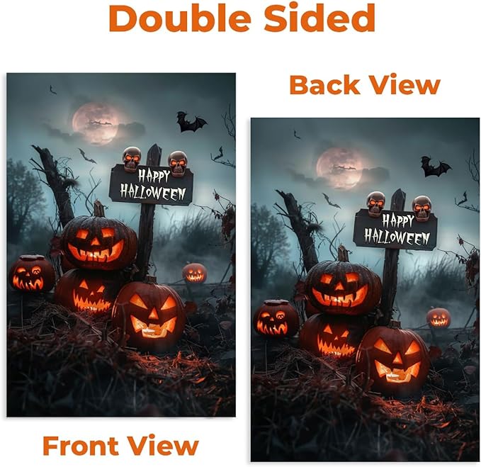 Happy Halloween Garden Flag 12x18 – Double Sided Burlap Fall Outdoor Flag with Jack-o'-Lanterns, Skulls, Bats & Graveyard Scene