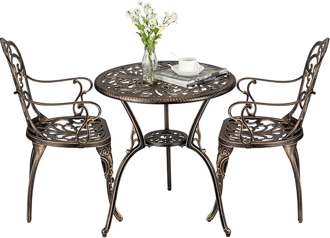 3 Piece Bistro Set, Outdoor Bistro Table and Chairs Set of 2, Rust-Resistant Cast Aluminum All Weather Patio Outdoor Bistro Set with Umbrella Hole for Backyard, Balcony, Front Porch, Brown