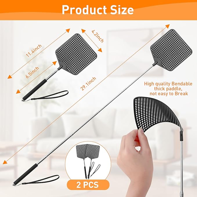 Telescopic Fly Swatters 2 Pack, Premium Plastic Flyswatter, Fly Swatter Heavy Duty for Indoor, Outdoor, Classroom, Stainless Steel Handle（Black）